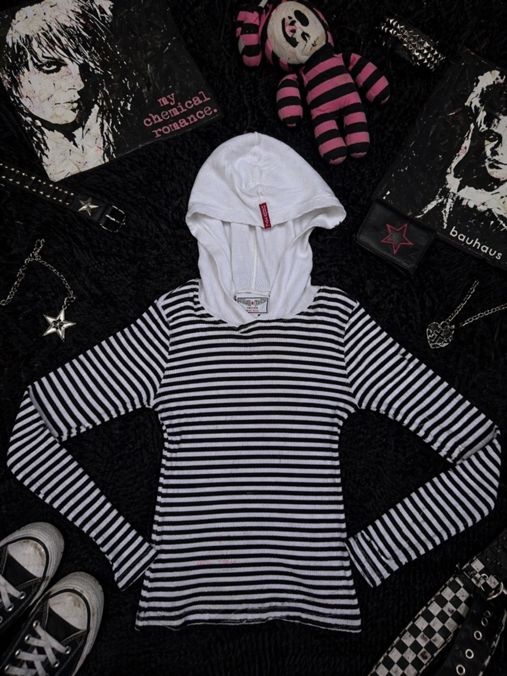 Vintage Y2K Hard Tail Black White Striped Hooded Ribbed Top Small